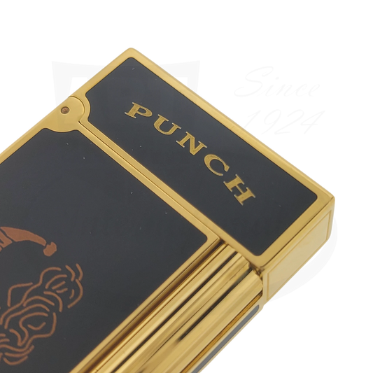 ST Dupont Ligne 2 Habanos Punch lighter 016702 in black Chinese lacquer with gold-plated finish featuring clown motif artwork