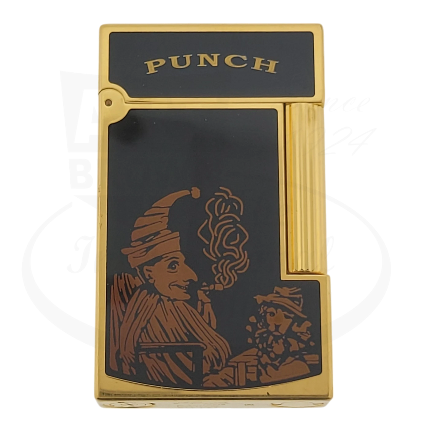 ST Dupont Ligne 2 Habanos Punch gold-plated lighter with black lacquer featuring brown smoking clown motif design, display model 016702