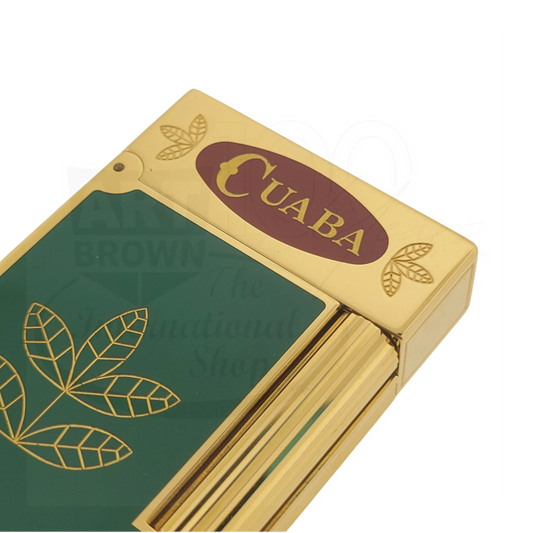 Vintage S.T. Dupont Limited Edition Ligne 2 Habanos Cuaba Lighter Display Model, 016703 gold metal with green enamel and leaf design