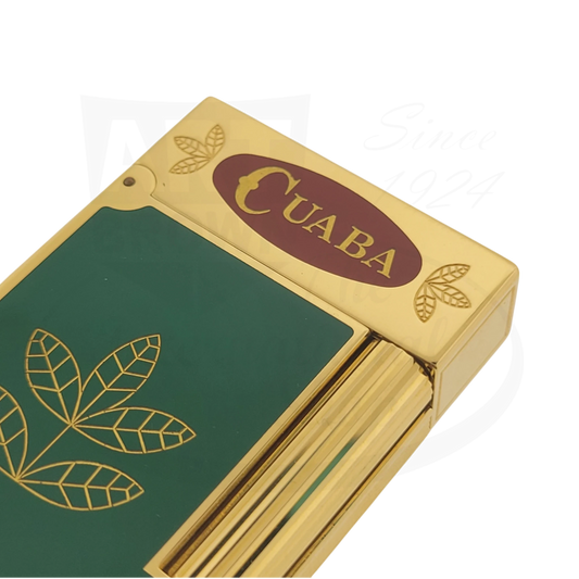 ST Dupont Ligne 2 Habanos Cuaba 016703 gold-plated lighter with green lacquer finish and engraved tobacco leaf design