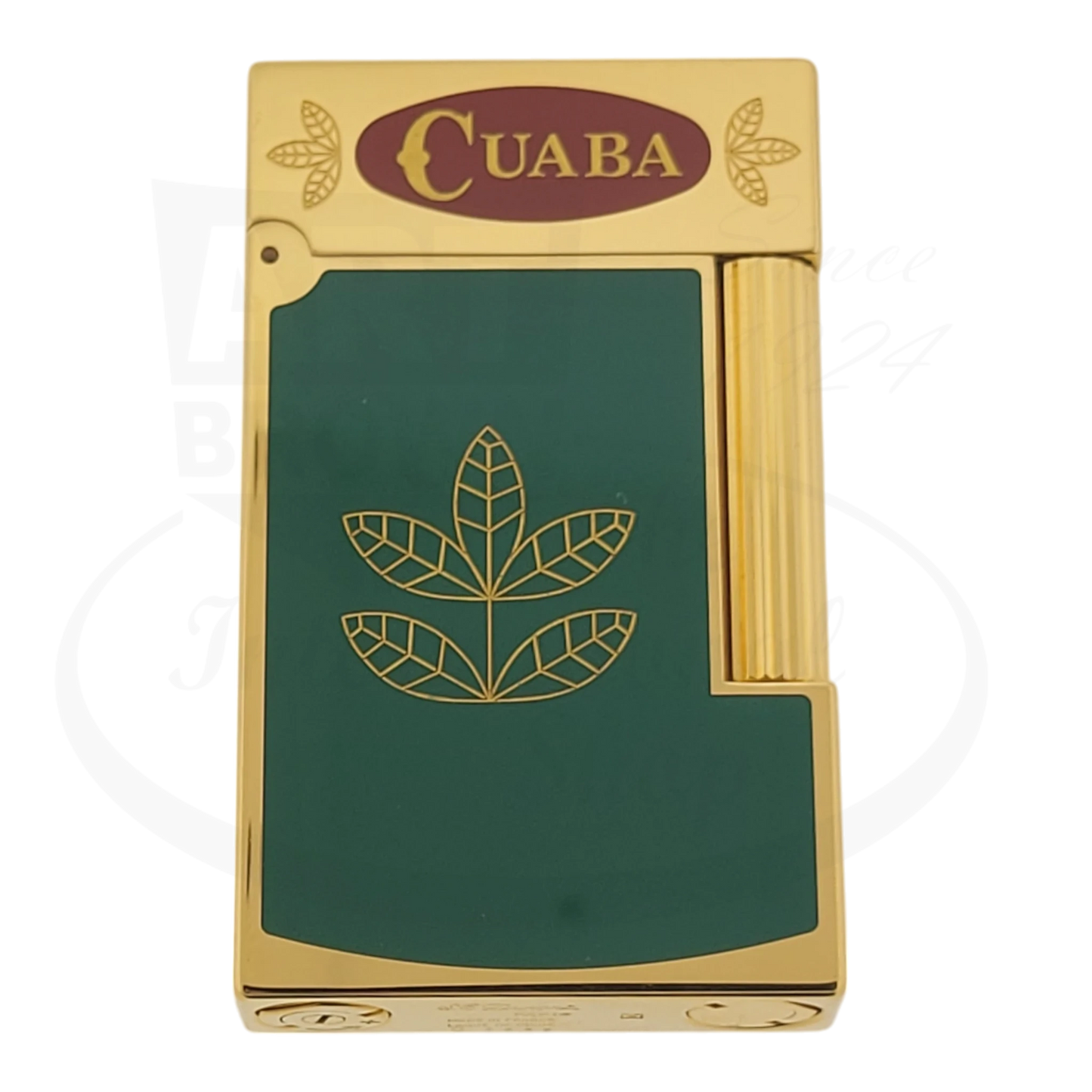 ST Dupont Ligne 2 Habanos Cuaba Lighter 016703 in green Chinese lacquer with gold-plated trim and tobacco leaf design, display model