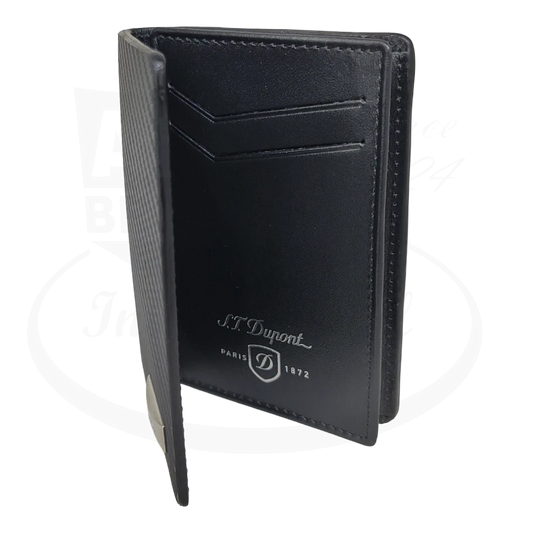 S.T. Dupont Carbon 170004 black leather card holder with carbon fiber texture, featuring three card slots and embossed logo, open view showing interior