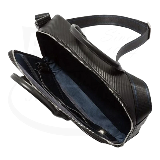 S.T. Dupont Defi Black Carbon Leather Medium Laptop & Document Holder Bag 171003 black with blue lining, spacious interior compartments