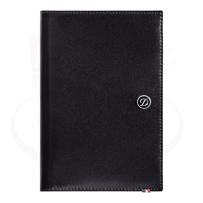 S.T. Dupont Line D 180012 black leather passport cover with silver logo emblem and tricolor accent, featuring stitch detailing and slim design