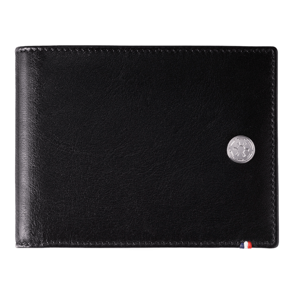 S.T. Dupont Black Star Wars 6 Credit Card Billfold 180250 black leather wallet with silver Galactic Empire emblem