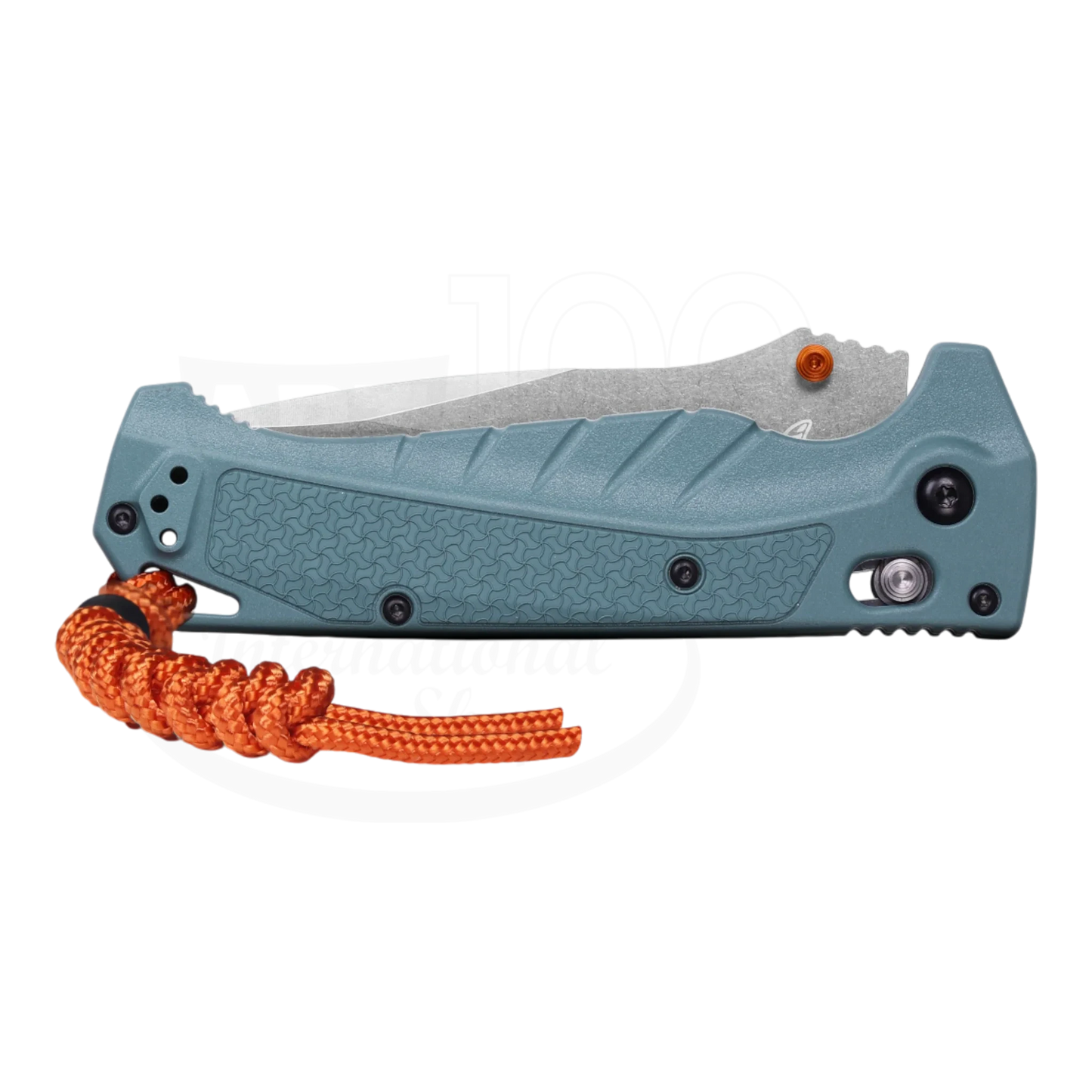 Benchmade Adira™ Blue Depth Grivory® Serrated Drop-point folding knife side view with orange lanyard gallery 6 square image