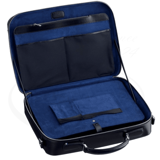 S.T. Dupont Display Model Line D 181004 black leather document holder with blue microfiber interior, multiple pockets, and handle
