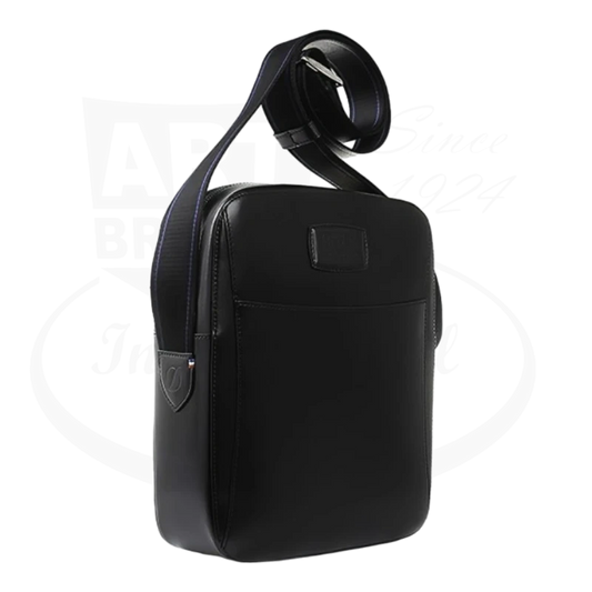 Back view of S.T. Dupont Line D Cross Shoulder Bag in black leather with a visible nylon strap and sleek design.