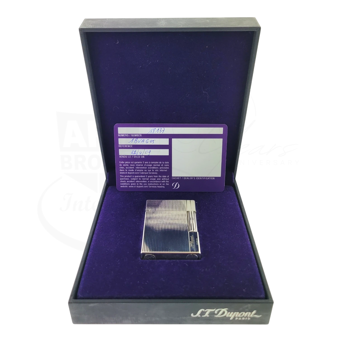 S.T. Dupont Gatsby 018137-D2 palladium silver lighter with vertical lines in a purple presentation box