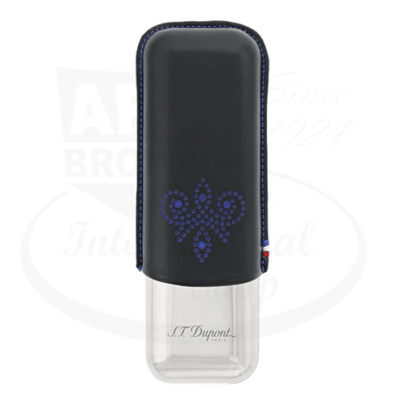 S.T. Dupont 183018 Black Derby leather cigar case with blue motif pattern and metal base, holds 2 cigars, slim protective design with steel trim