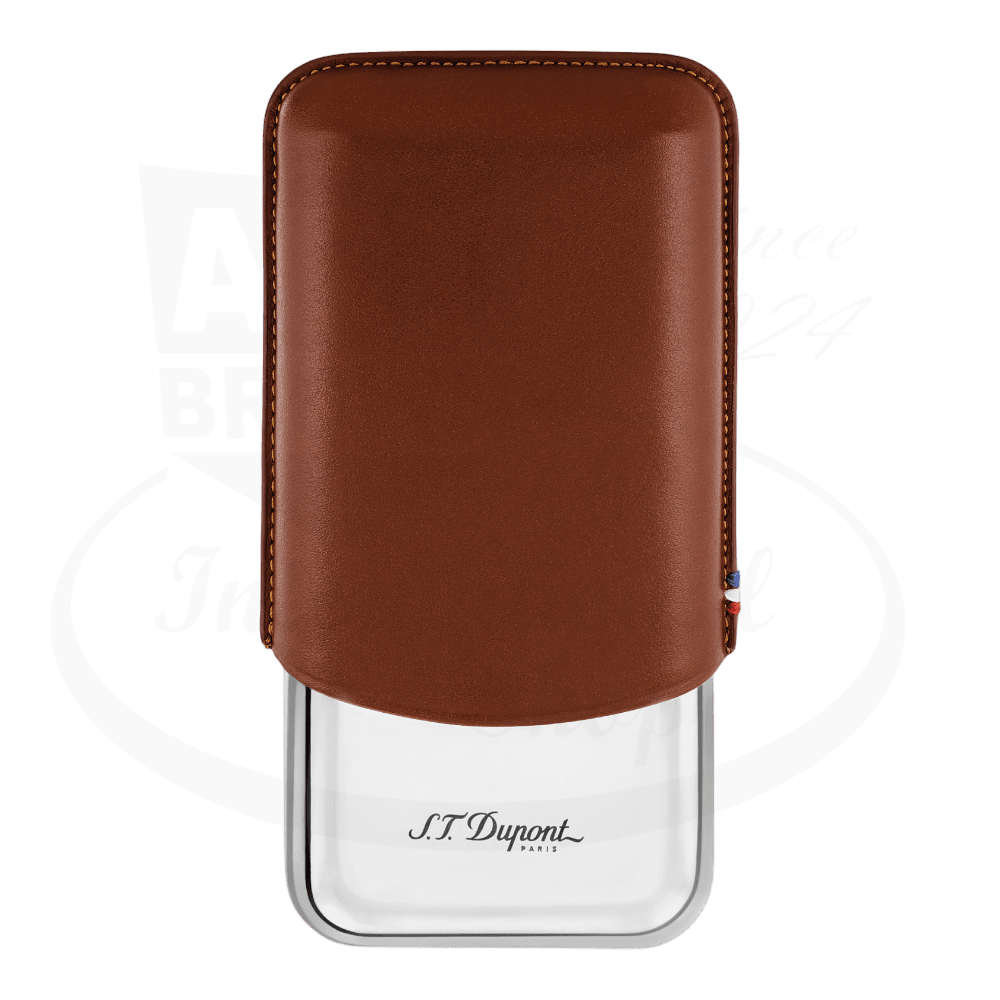 S.T. Dupont Metal Base Brown 3 Cigar Case 183021 leather brown with metal base, holds three cigars securely