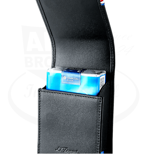 S.T. Dupont 183030 black calf leather cigarette case with magnetic closure and tricolor stitch detail, holding standard-size pack, sleek minimalist design
