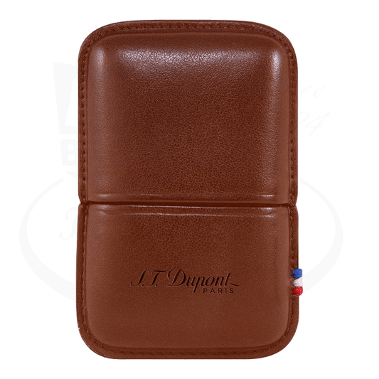 S.T. Dupont Ligne 2 Hard Lighter Case Brown leather with embossed logo and red, white, blue stitching, 7.2x4.6x1.5 cm