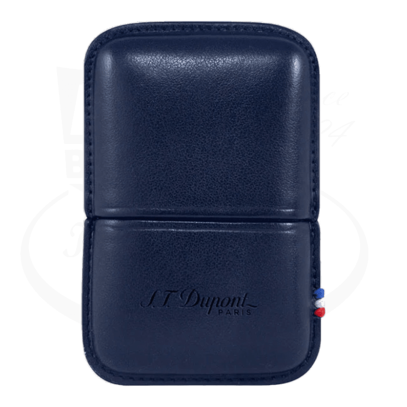 S.T. Dupont Ligne 2 Hard Lighter Case Black Blue leather with embossed logo and tricolor stitching compact design