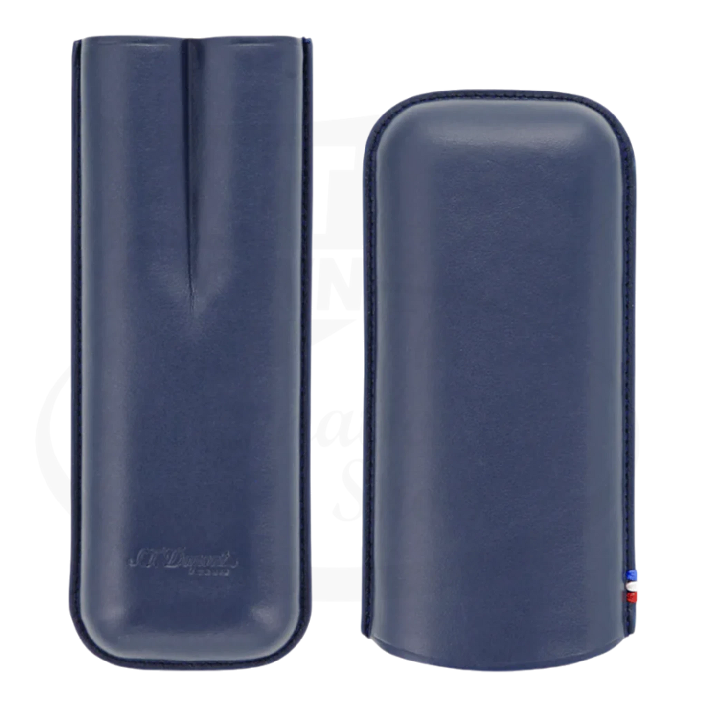 S.T. Dupont Atelier 2 Cigar case in blue leather, with top removed showing both portions.