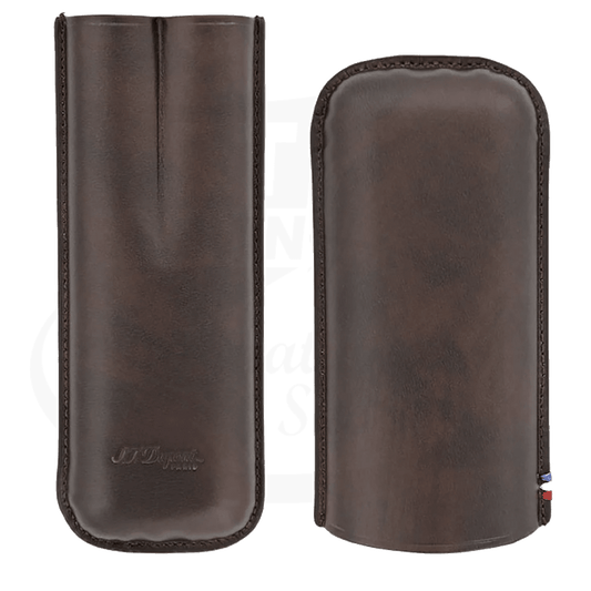 S.T. Dupont Atelier 183141 brown leather dual cigar case with metal accents, featuring sleek cylindrical design and stitched edges