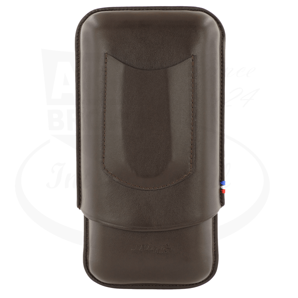 S.T. Dupont 183142 brown calfskin leather cigar case with curved pocket design, holds 3 cigars, adjustable length up to 23cm