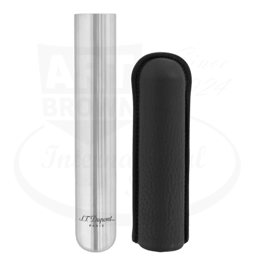 S.T. Dupont 183160 black grained leather and chrome single cigar case with metal base, adjustable length cylindrical holder with protective sleeve
