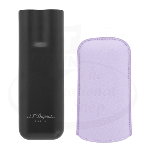 S.T. Dupont 183162 leather cigar case in matte black metal and lilac calfskin, dual-compartment design for two cigars, sleek urban style