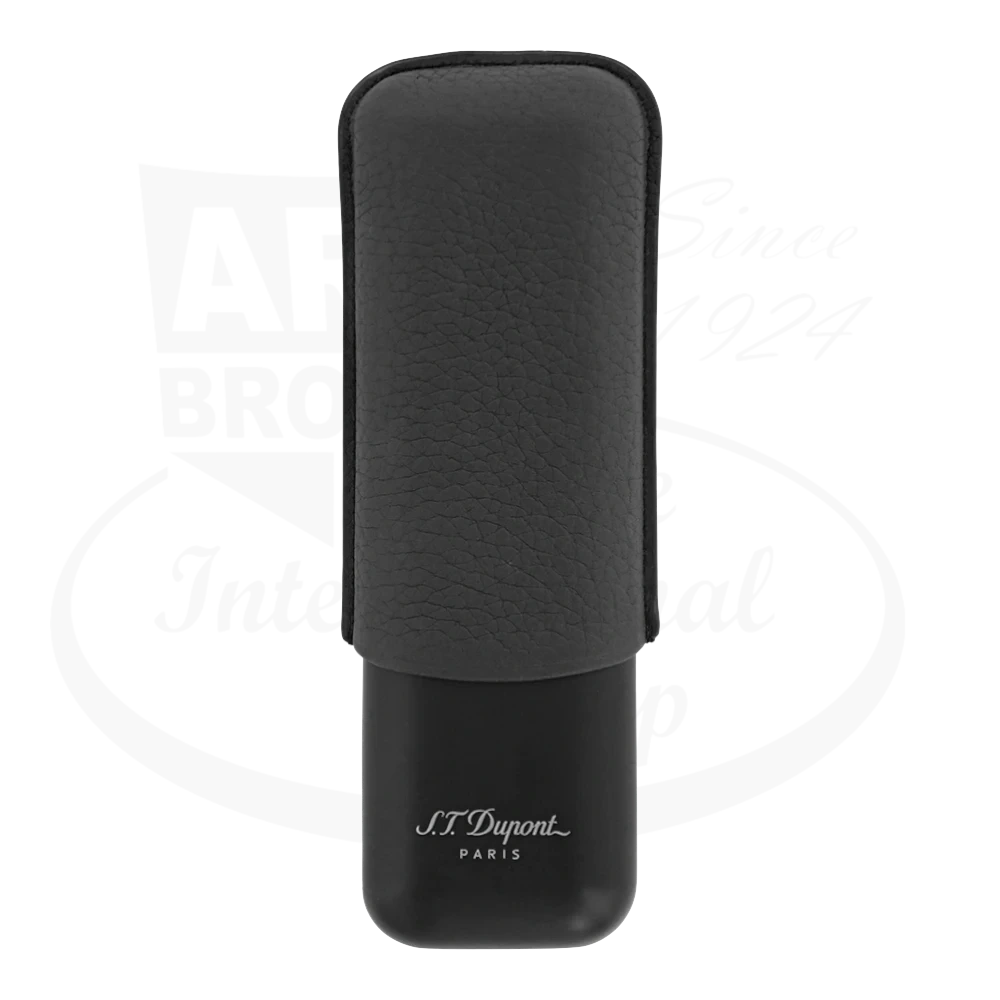 S.T. Dupont leather case for 2 cigars in black grained leather with matte black base displaying S.T. Dupont signature.