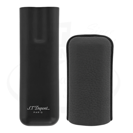 S.T. Dupont leather case for 2 cigars in black grained leather with matte black base displaying S.T. Dupont signature with the leather top removed
