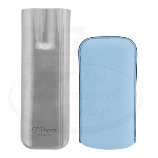 S.T. Dupont 183264 metal and leather dual cigar case featuring chrome metal base and turquoise grained cowhide protective sleeve, adjustable for standard cigars