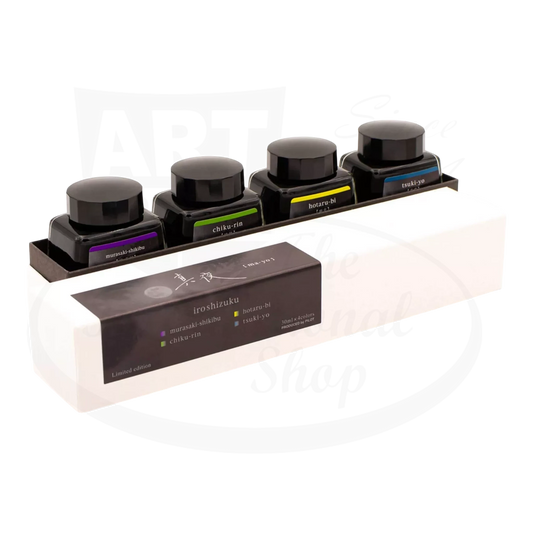 Pilot Iroshizuku Ma-Yo glass ink set with 4 30mL bottles in purple, green, yellow-green, blue colors in display box
