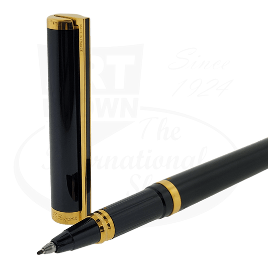S.T. Dupont Classique rollerball pen featuring black lacquer barrel and gold-plated trim, with fine-liner tip and elegant vintage styling