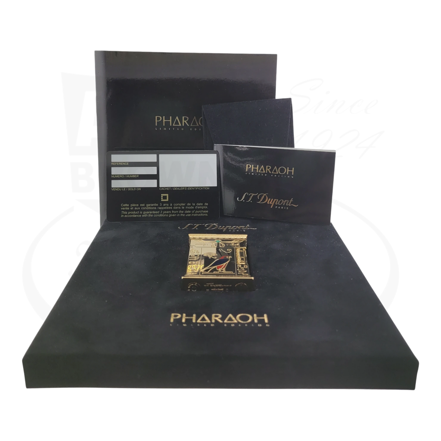 ST Dupont Gatsby Pharaoh Limited Edition gold-plated brass lighter with Egyptian motifs in black box set with brand documentation