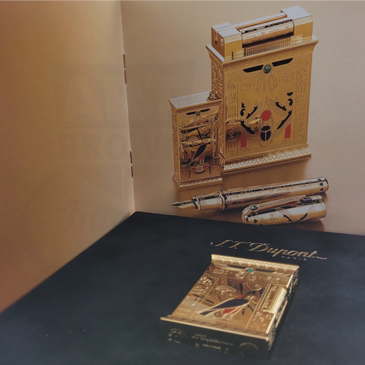 ST Dupont Gatsby Pharaoh limited edition lighter in gold-plated brass with Egyptian hieroglyphics, malachite stones and lacquer details