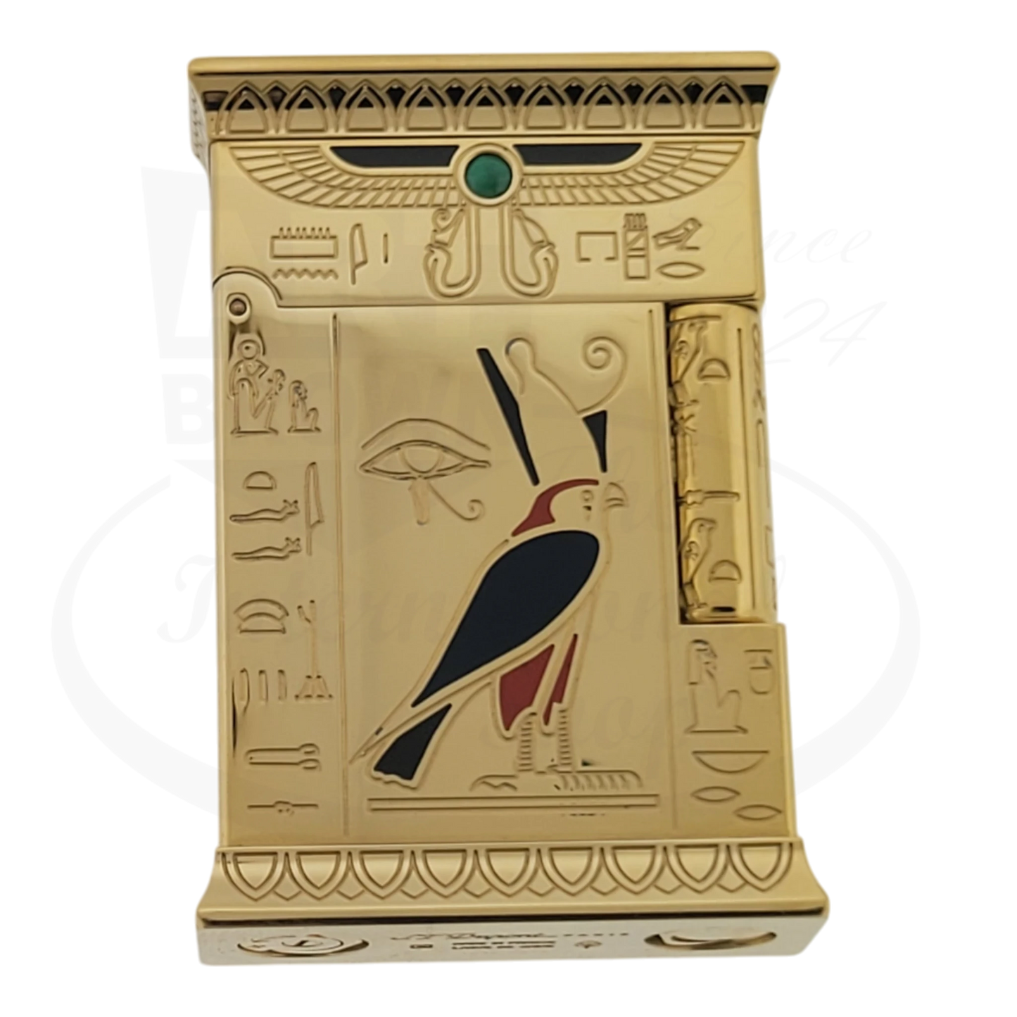 ST Dupont Gatsby Pharaoh lighter in gold-plated brass with Egyptian hieroglyphics, Horus falcon design, malachite stone and lacquer details