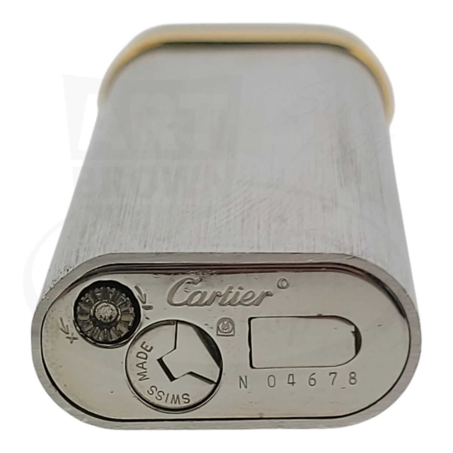 Cartier Duotone-4 vintage lighter in brushed stainless steel with gold trim, featuring serial number and signature base plate