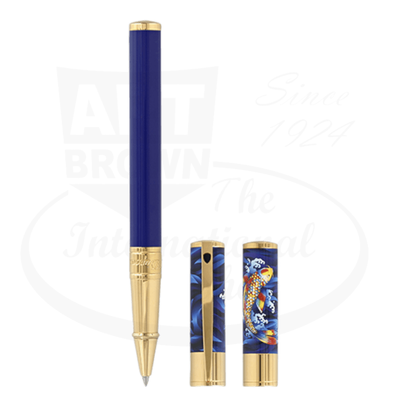 S.T. Dupont D-Initial 262005 brass rollerball pen in navy blue and gold finish, featuring Japanese koi fish artwork on barrel, gold-plated trim