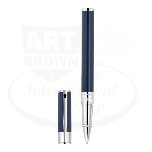 S.T. Dupont D-Initial 262205 blue lacquer and chrome rollerball pen with cap, sleek design and smooth writing.