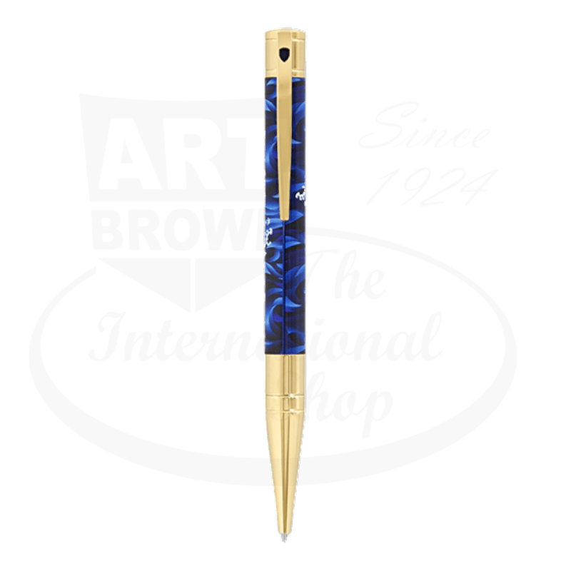S.T. Dupont D-Initial 265005 brass and lacquer ballpoint pen featuring blue koi fish pattern with gold-tone accents and trim