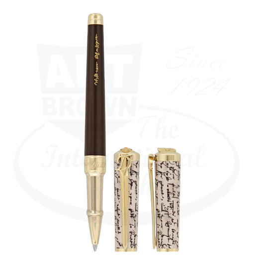 Limited edition S.T. Dupont william shakespeare sword rollerball pen with cap off, showing the front and side of the cap.