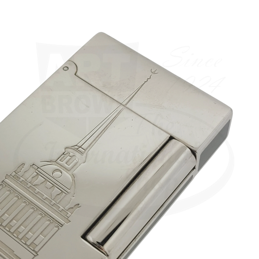 ST Dupont Ligne 2 Saint Petersburg platinum lighter with engraved Admiralty spire design on brushed metallic case, limited edition