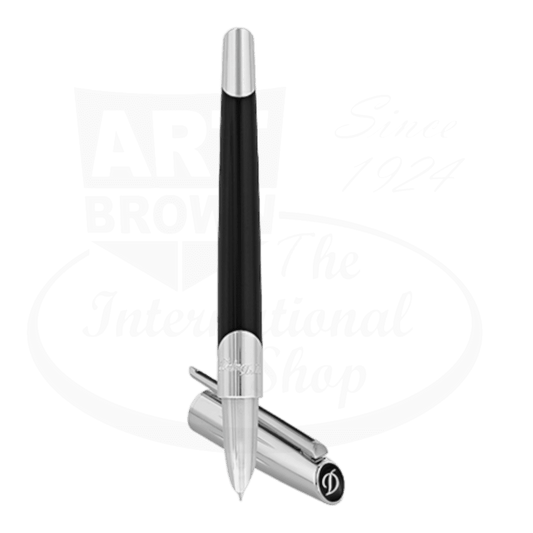 S.T. Dupont Defi Millennium 400706 brass fountain pen in shiny silver and black lacquer with chrome trim, featuring magnetic cap and sporty design