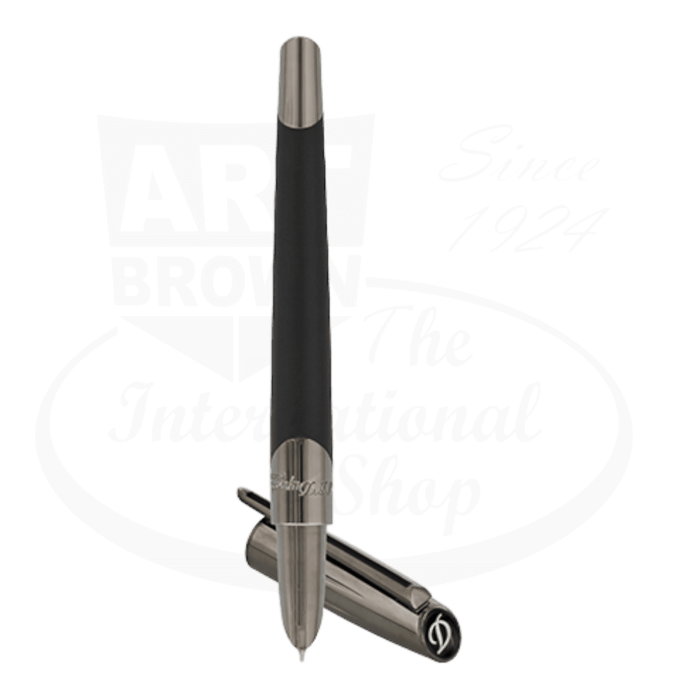 S.T. Dupont Defi Millennium 400719 brass fountain pen with gunmetal cap and matte black lacquer body, featuring magnetic closure and sporty design