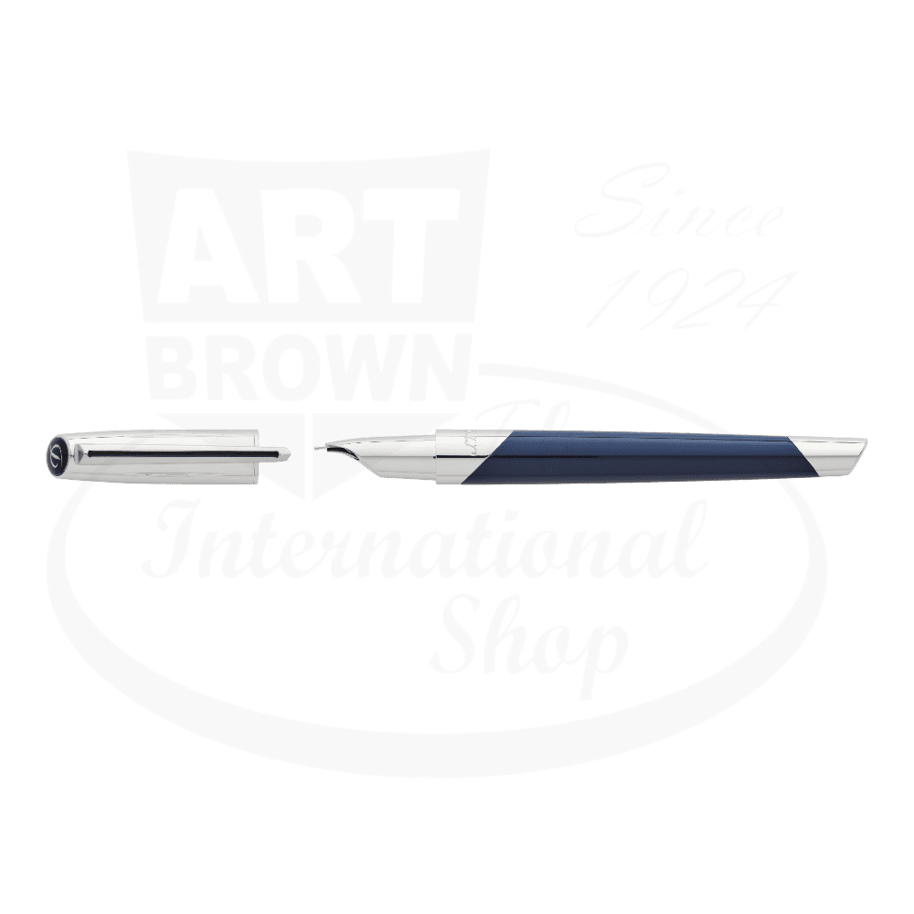 S.T. Dupont Defi Millennium 400736 brass fountain pen in silver chrome and matte navy blue, featuring angular design with magnetic cap and streamlined silhouette