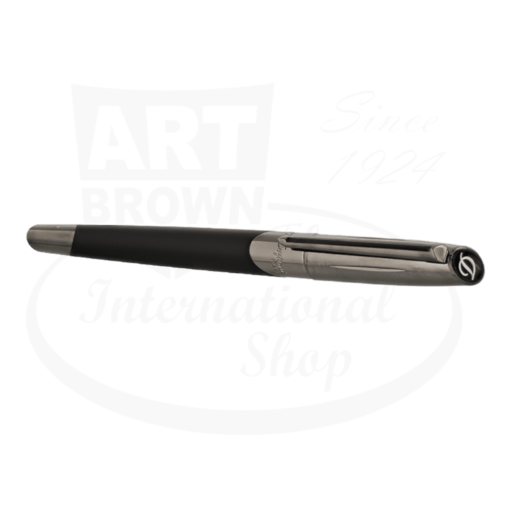 S.T. Dupont Defi Millennium 402719 brass rollerball pen featuring gunmetal and matte black finish with sleek athletic design and chrome accents