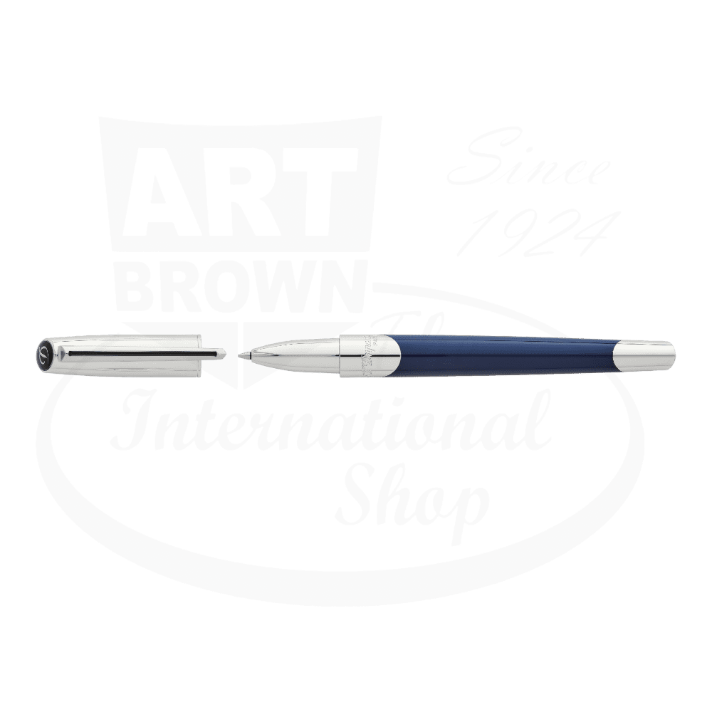 S.T. Dupont Defi Millennium 402736 brass rollerball pen with silver chrome finish and navy blue lacquer body, shown with cap removed