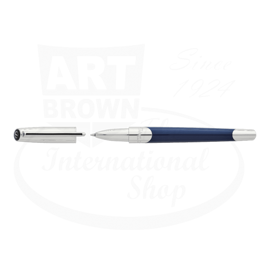 S.T. Dupont Defi Millennium 402736 brass rollerball pen with silver chrome finish and navy blue lacquer body, shown with cap removed
