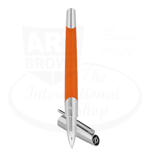 S.T. Dupont Defi Millennium 402737 brass rollerball pen featuring silver chrome accents and matte orange lacquer barrel with magnetic cap