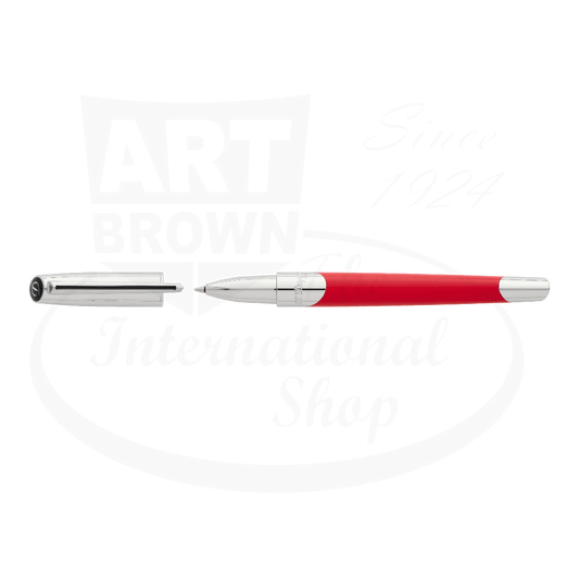S.T. Dupont Defi Millennium 402739 brass rollerball pen featuring silver chrome accents and matte red lacquer body, shown uncapped with magnetic closure