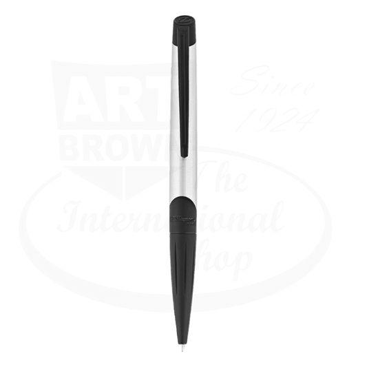 S.T. Dupont Defi Millennium ballpoint pen in brushed chrome and black lacquer, featuring sleek cylindrical body with tapered ends and sporty clip design