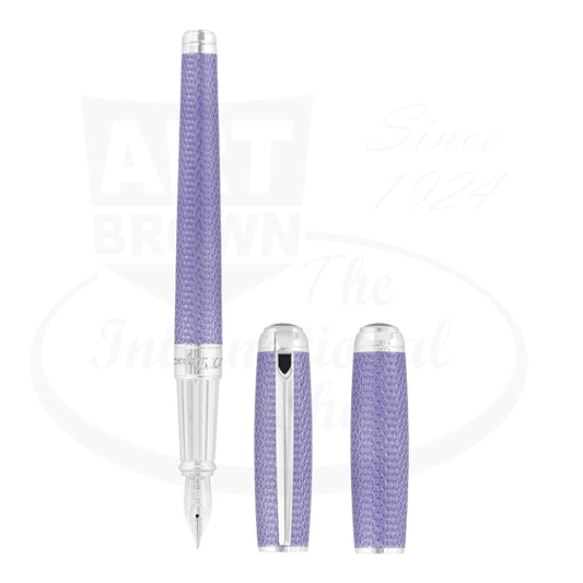 S.T. Dupont Line D 410000L brass fountain pen in lilac with palladium firehead guilloche pattern and 14k gold nib