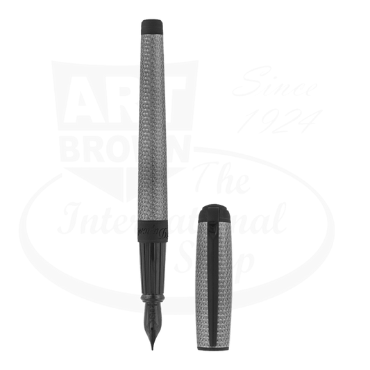 ST Dupont Line D 410002L brass fountain pen in graphite grey with palladium Firehead guilloche pattern, featuring 14k gold nib and matte finish