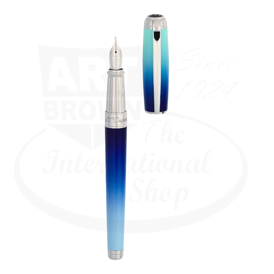 S.T. Dupont Line D Large La Mer Blue Lacquer & Palladium Fountain Pen with 14K gold nib and blue gradient lacquer finish.