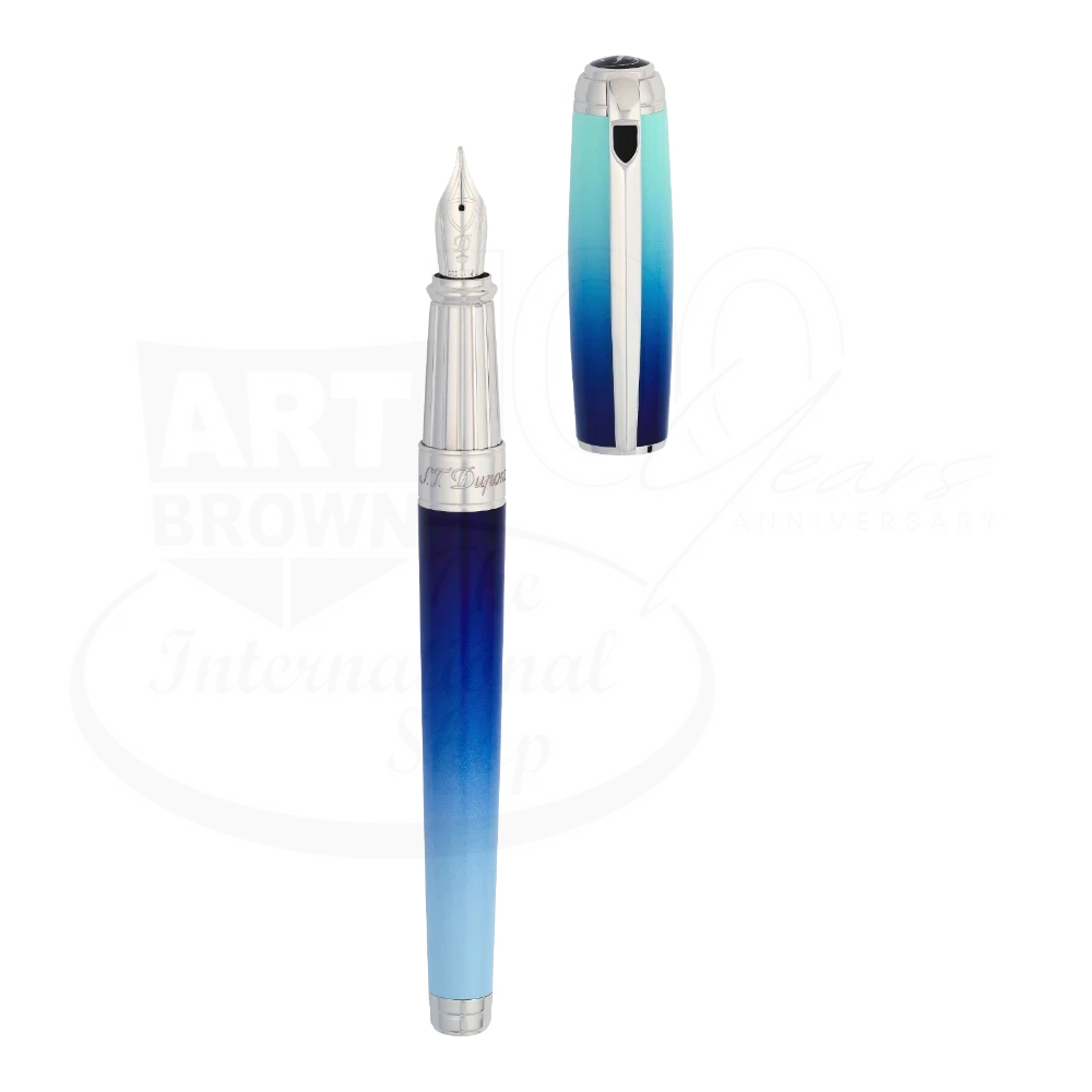 S.T. Dupont Line D Large fountain pen 410132L with 14K gold nib, La Mer blue lacquer and palladium trim, uncapped view